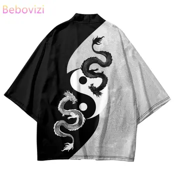 Японский стиль, Черно-Белое Кимоно с принтом Дракона, Повседневный пляжный кардиган, топы, Женская Мужская уличная одежда, Азиатская одежда Samurai Haori
